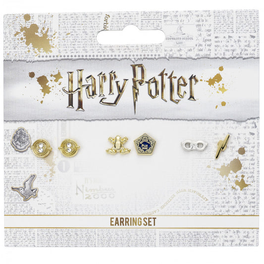Ensemble de boucles d'oreilles Harry Potter officiel comprenant des retourneurs de temps, des grenouilles en chocolat et des lunettes avec des boucles d'oreilles Lightning Bolt